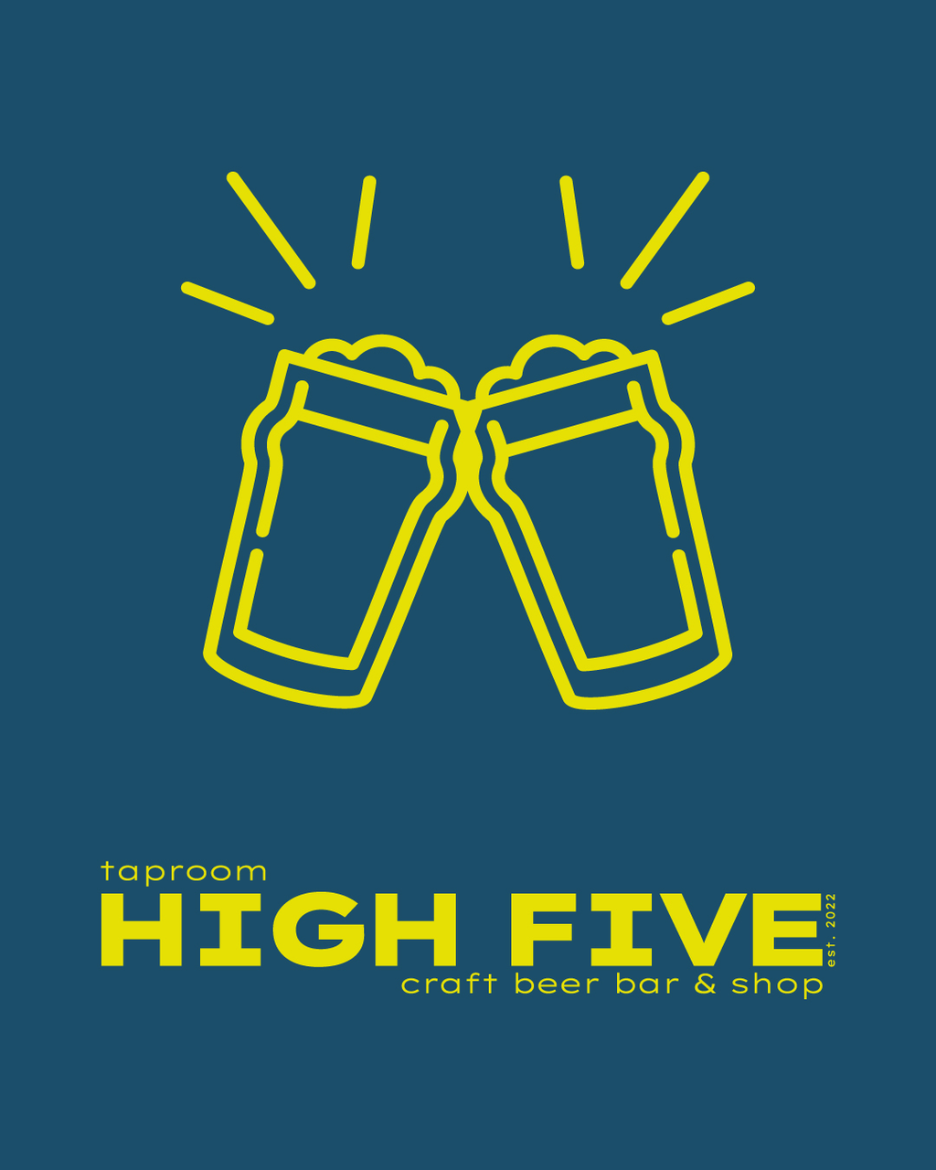 HIGH FIVE taproom logo: two clinking beer glasses, craft beer bar & shop, est. 2022
